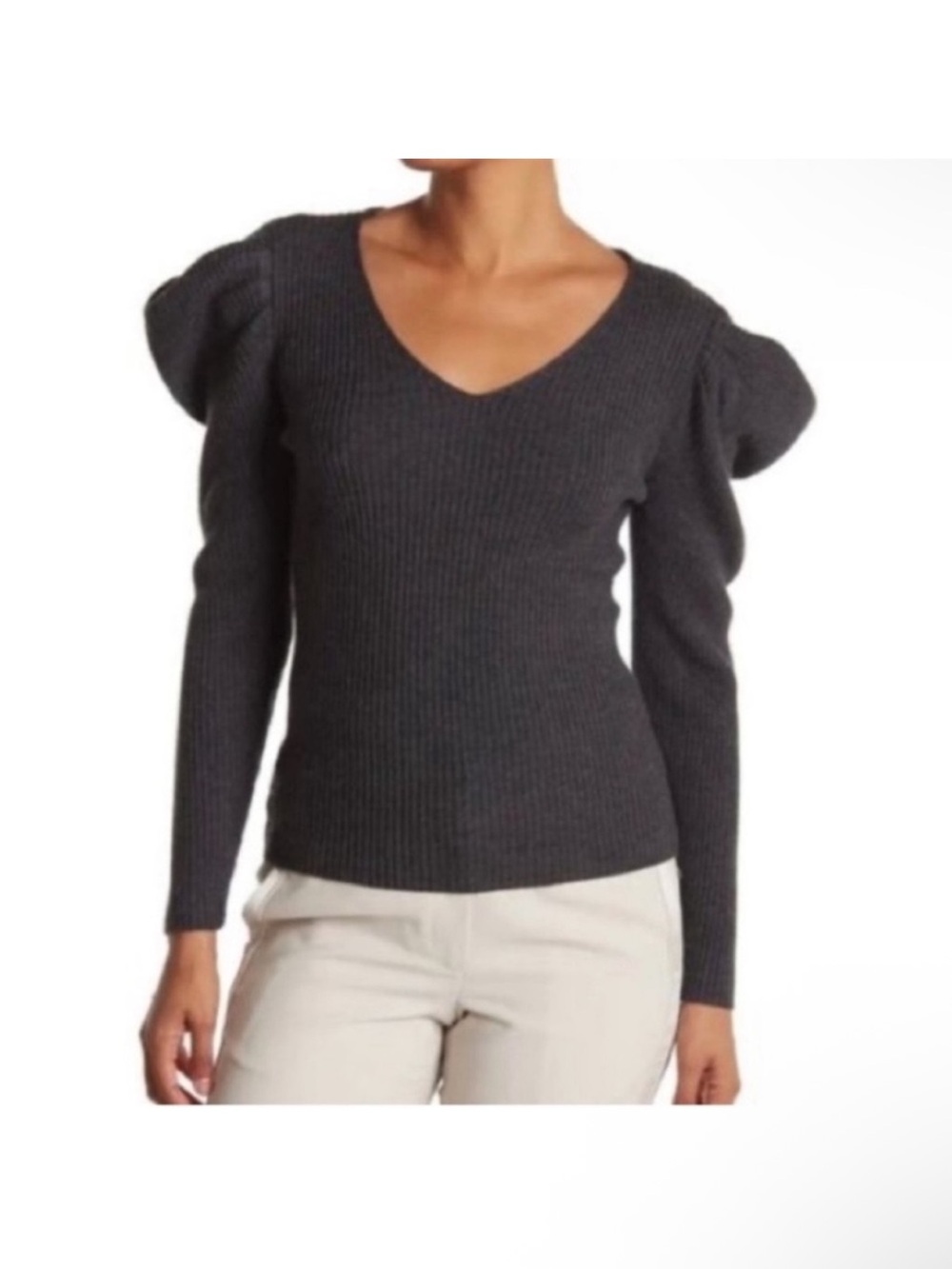 MILLY 100% Wool Ribbed Puff Sleeve Sweater